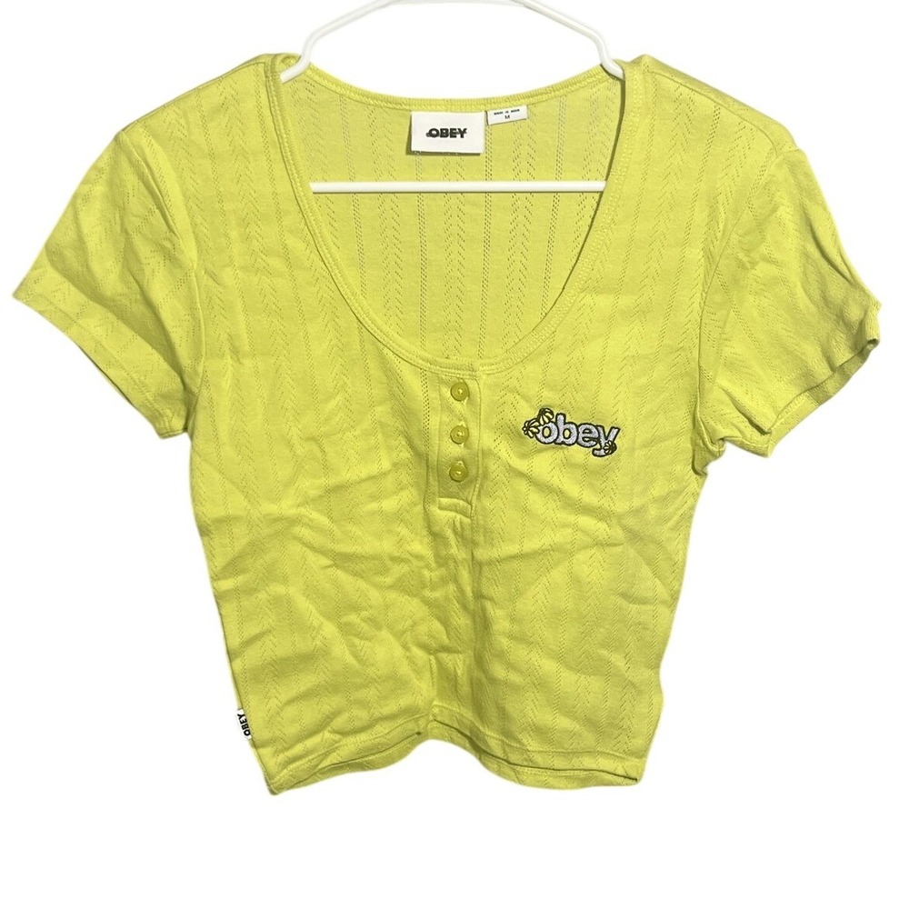 OBEY Women's Neon Yellow Cropped Henley Top Size M Short Sleeve Embroidered Logo